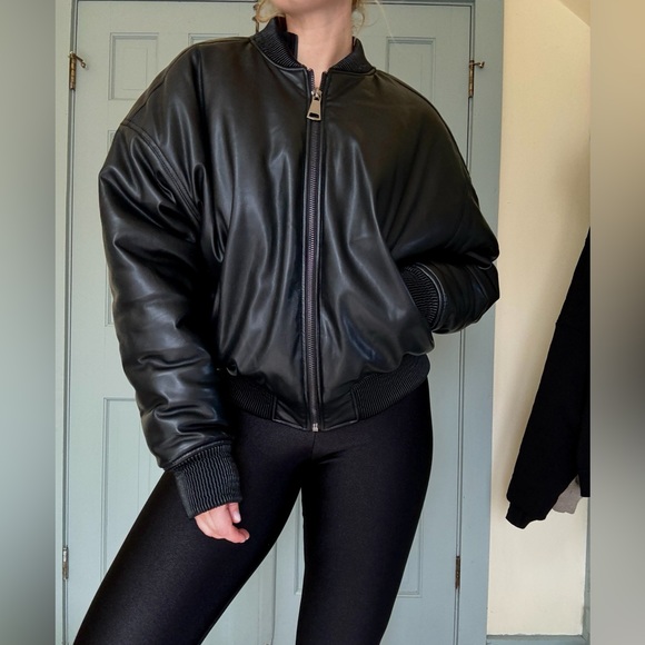 Good American Black Faux Vegan Leather Bomber Jacket L/XL - Picture 2 of 14
